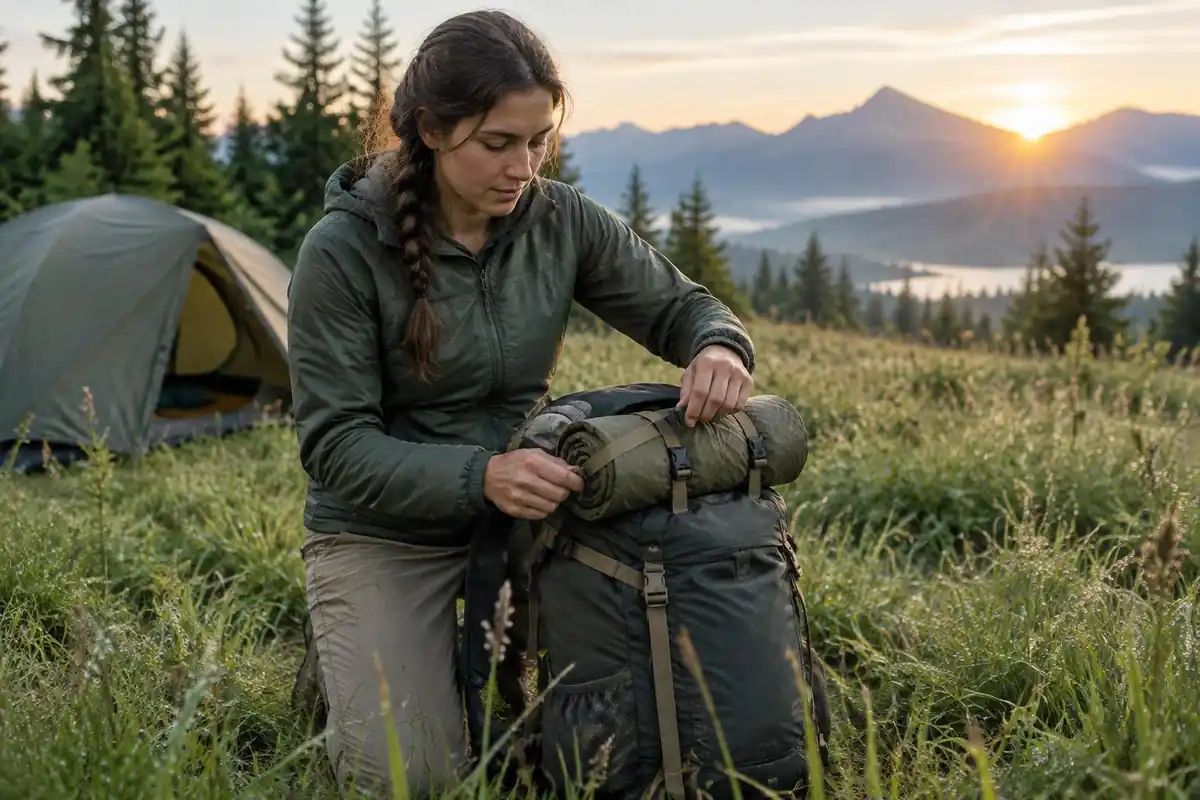 Hiker strapping a tent bundle to the outside of a compact backpacking pack