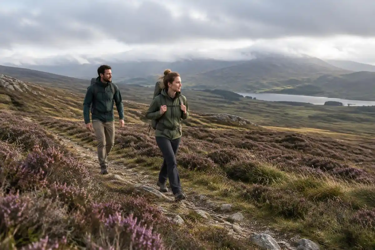 Two lightweight backpackers on a long open moorland path with slim packs