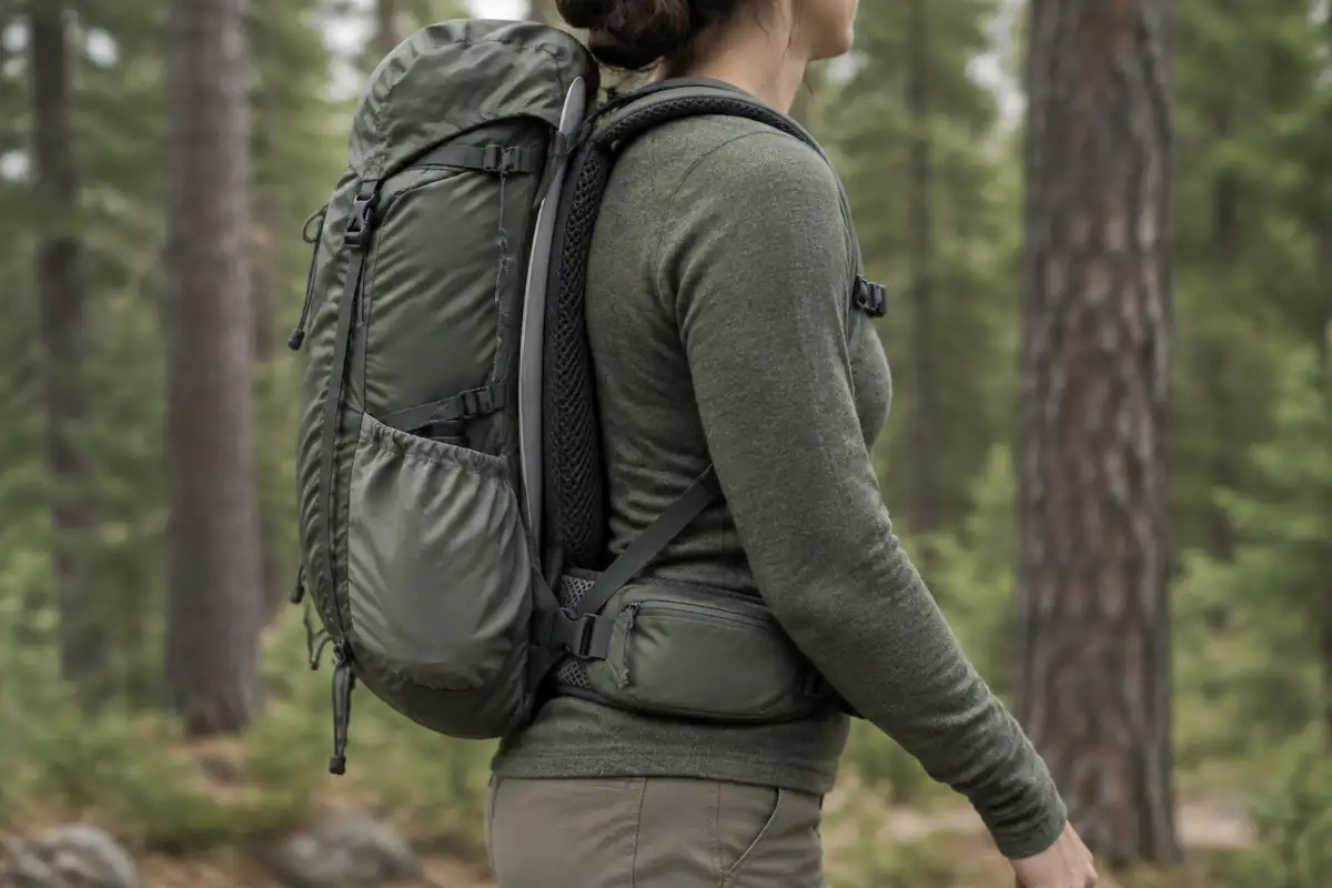 Back panel of a lightweight pack showing thin frame sheet resting against a hiker's back