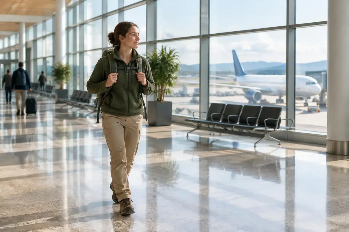 Traveler with a small pack walking through a bright airport hall with a plane outside