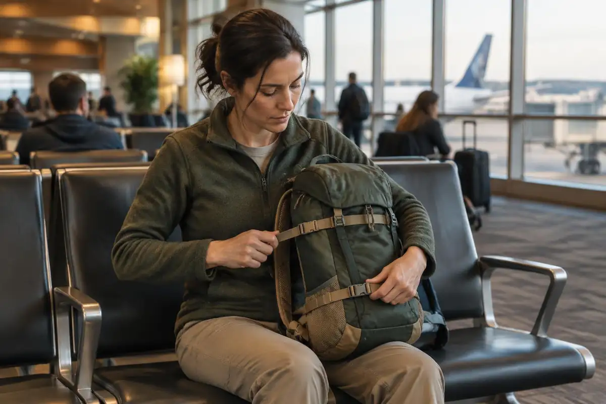 Woman cinching compression straps to shrink her pack on an airport bench