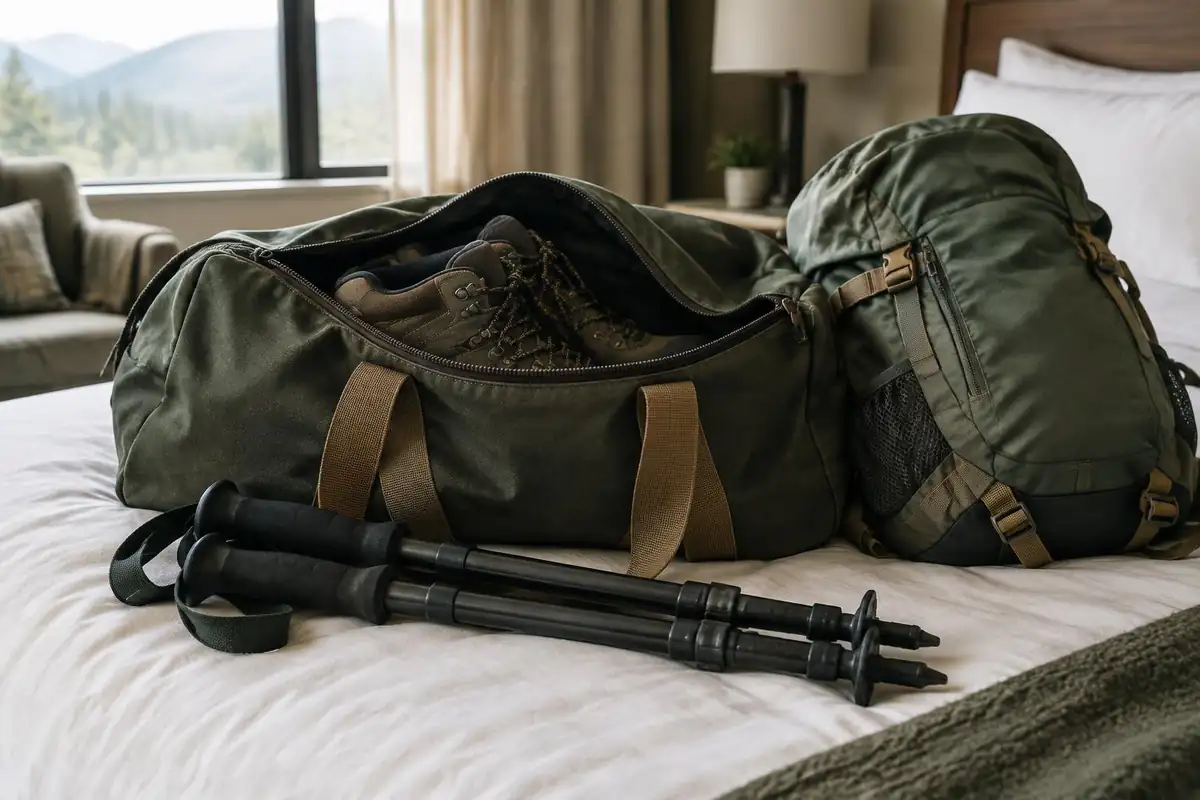 Trekking poles and boots packed into a checked duffel beside a small pack