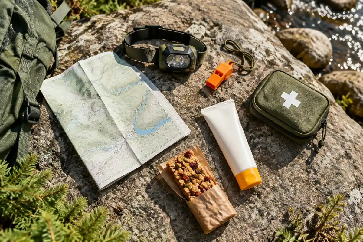 Compact essentials laid on a flat rock: map, whistle, headlamp, first aid, sunscreen