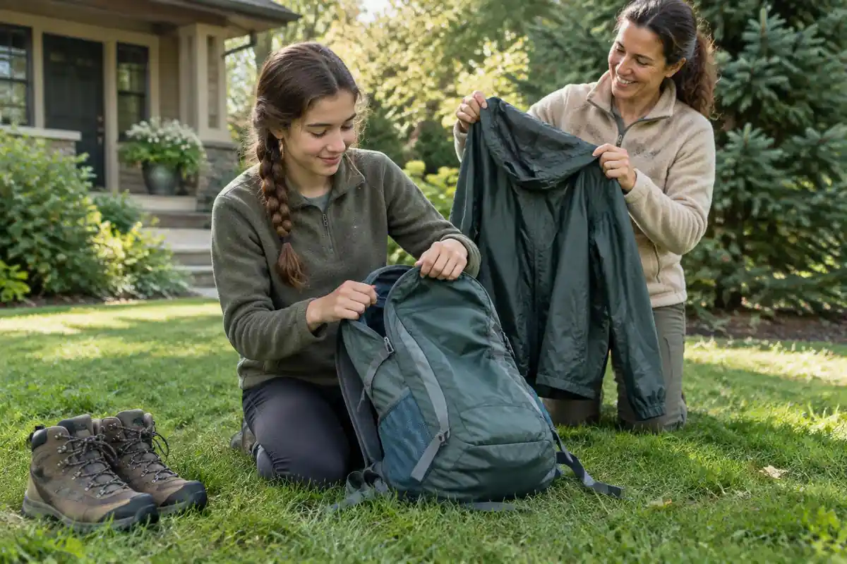 Teen checking the pack contents with a parent before a family day hike