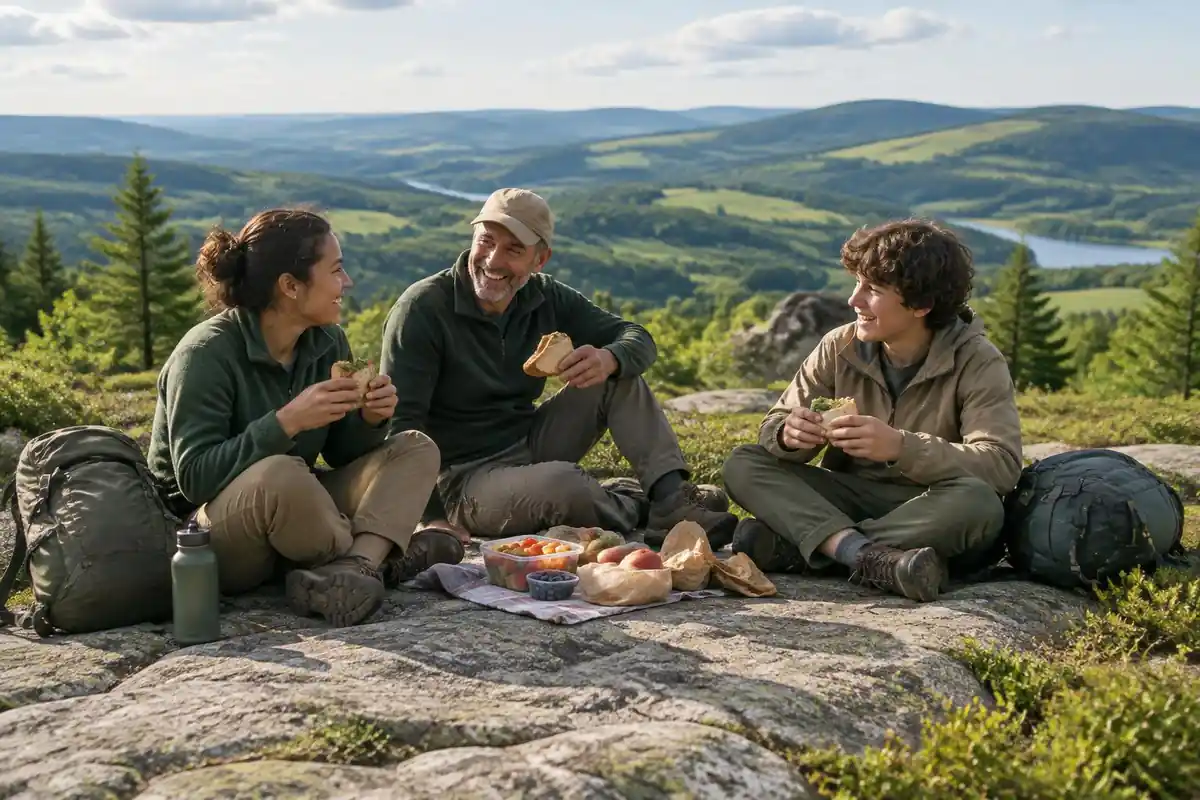 Trio of friends resting at a stone viewpoint eating a picnic beside packs
