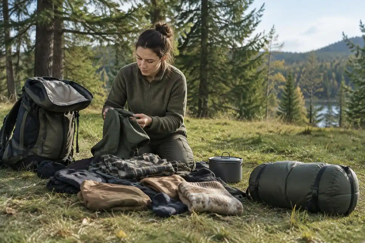 Gear pile on a lawn beside an open pack showing what is bulky