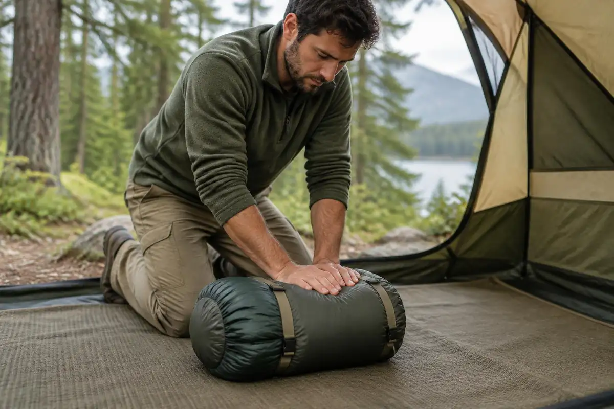 Man kneeling on a sleeping bag to squeeze air out