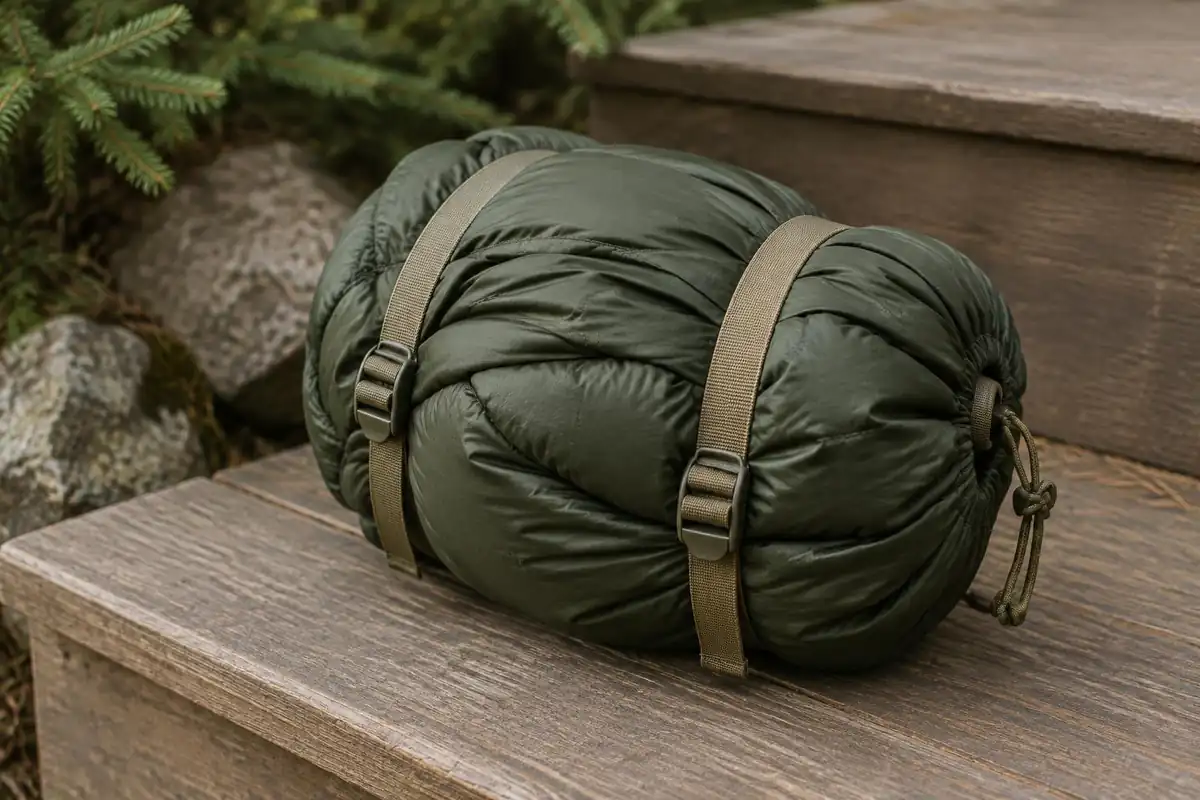 Puffy jacket squashed hard into a small sack