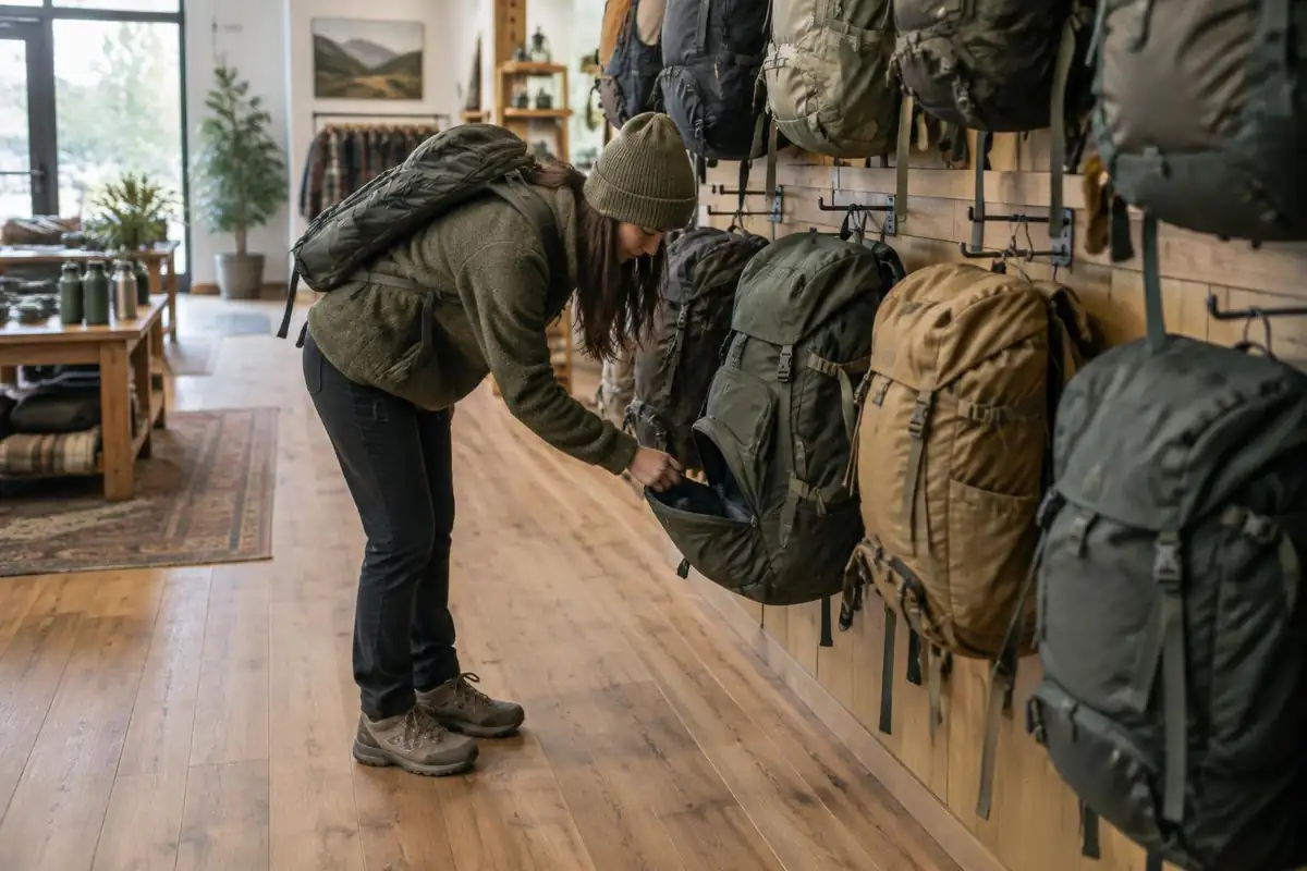 Line of packs hanging in a gear shop with a mix of covers