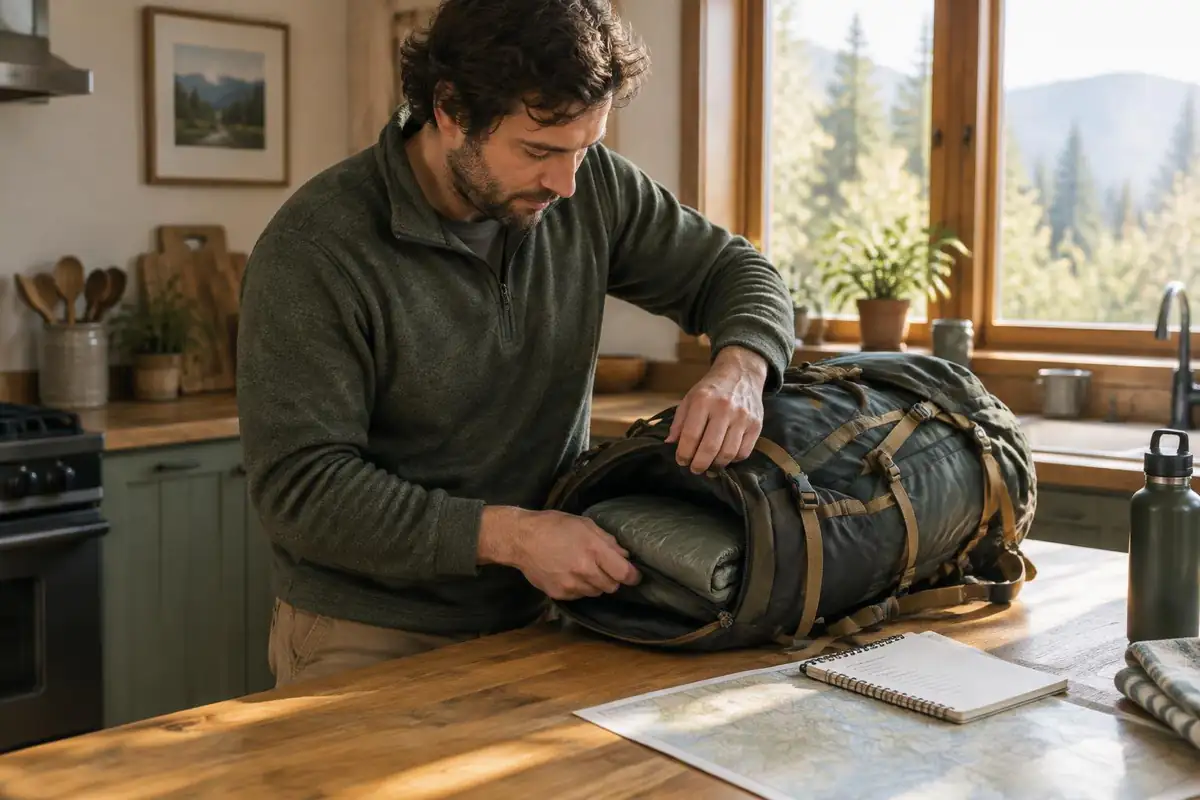 Man checking a pack's bottom pocket at a kitchen counter