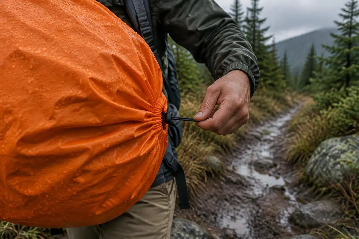 Bright stretchy rain cover being pulled over a pack beside a muddy path