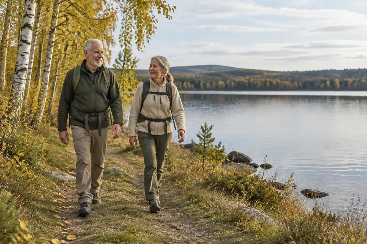 Two hikers strolling a flat lakeside path in light packs with no belts