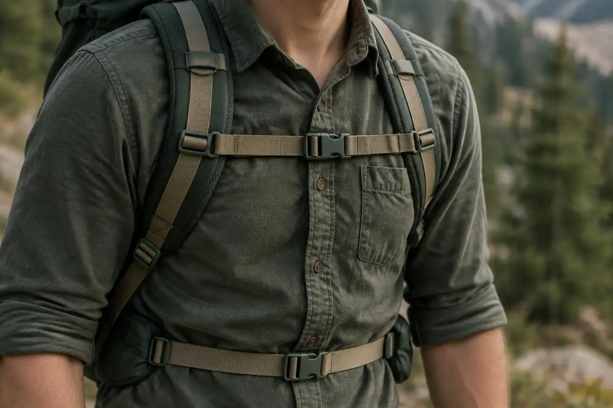 Close view of a padded daypack shoulder strap and thin webbing belt on a hiker