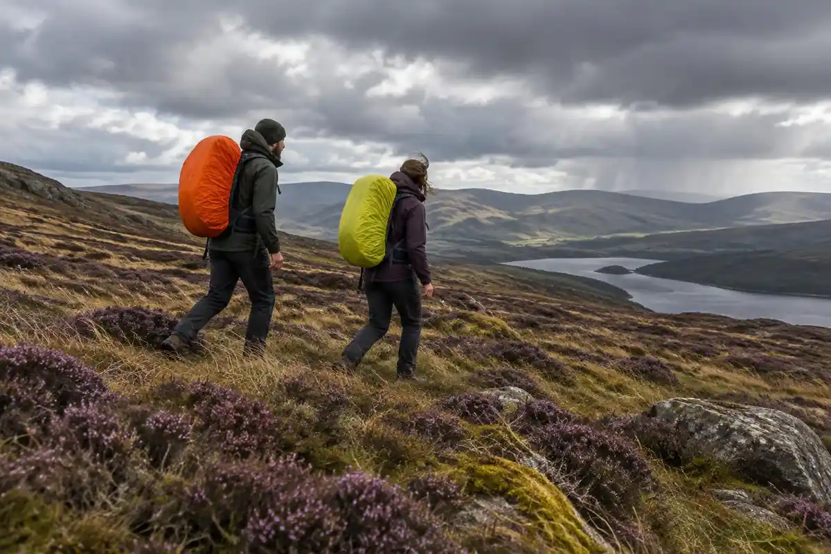 Two hikers under grey sky with covered packs on a moor