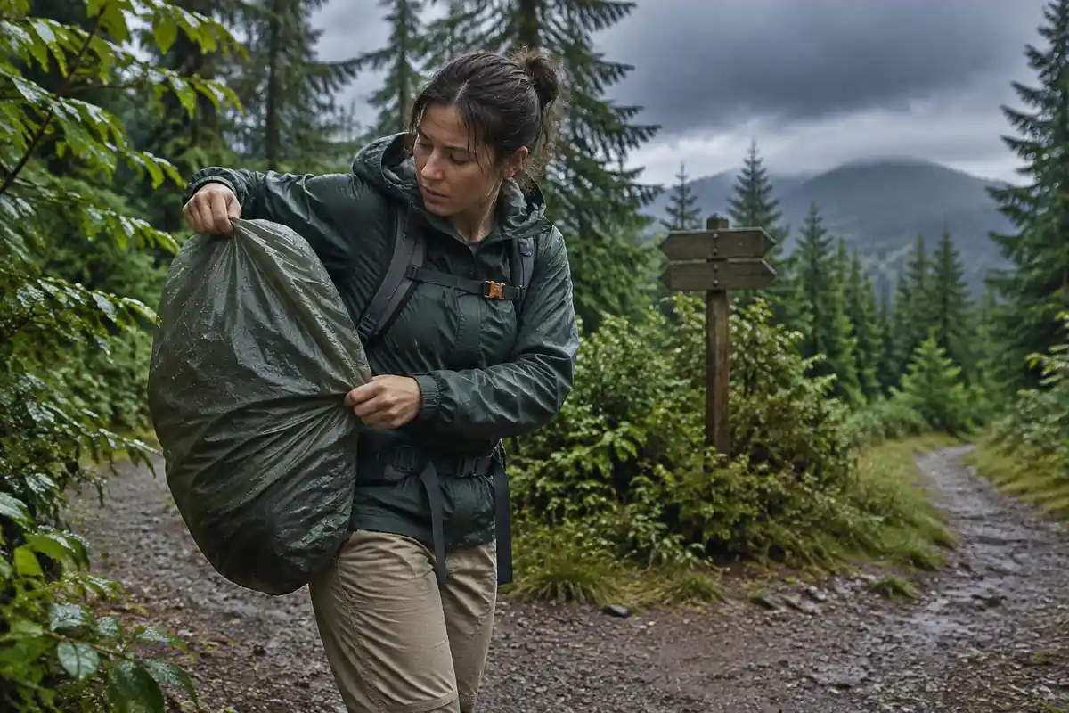 Woman pulling cover over a pack at a sudden shower
