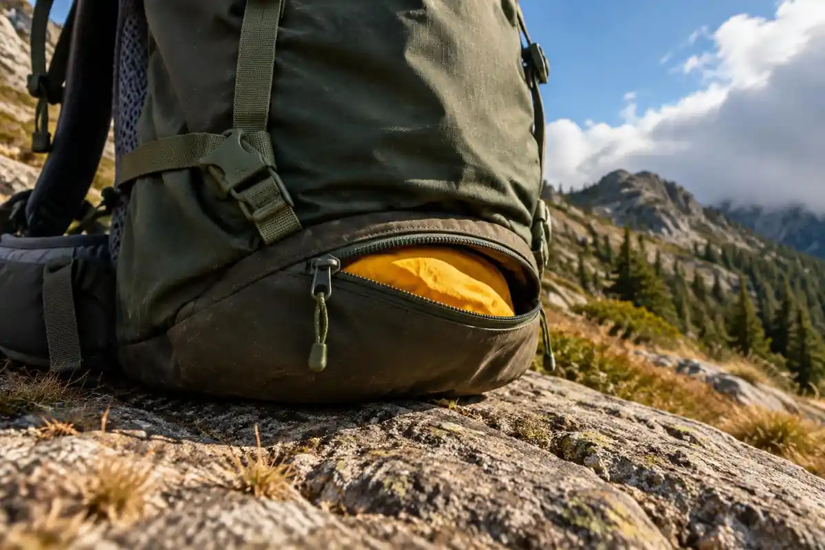 Rolled cover pocket at the base of a pack