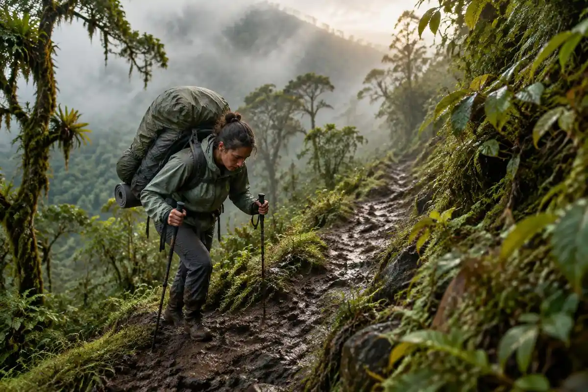 Hiker stopped on a steep track hunched under a packed load