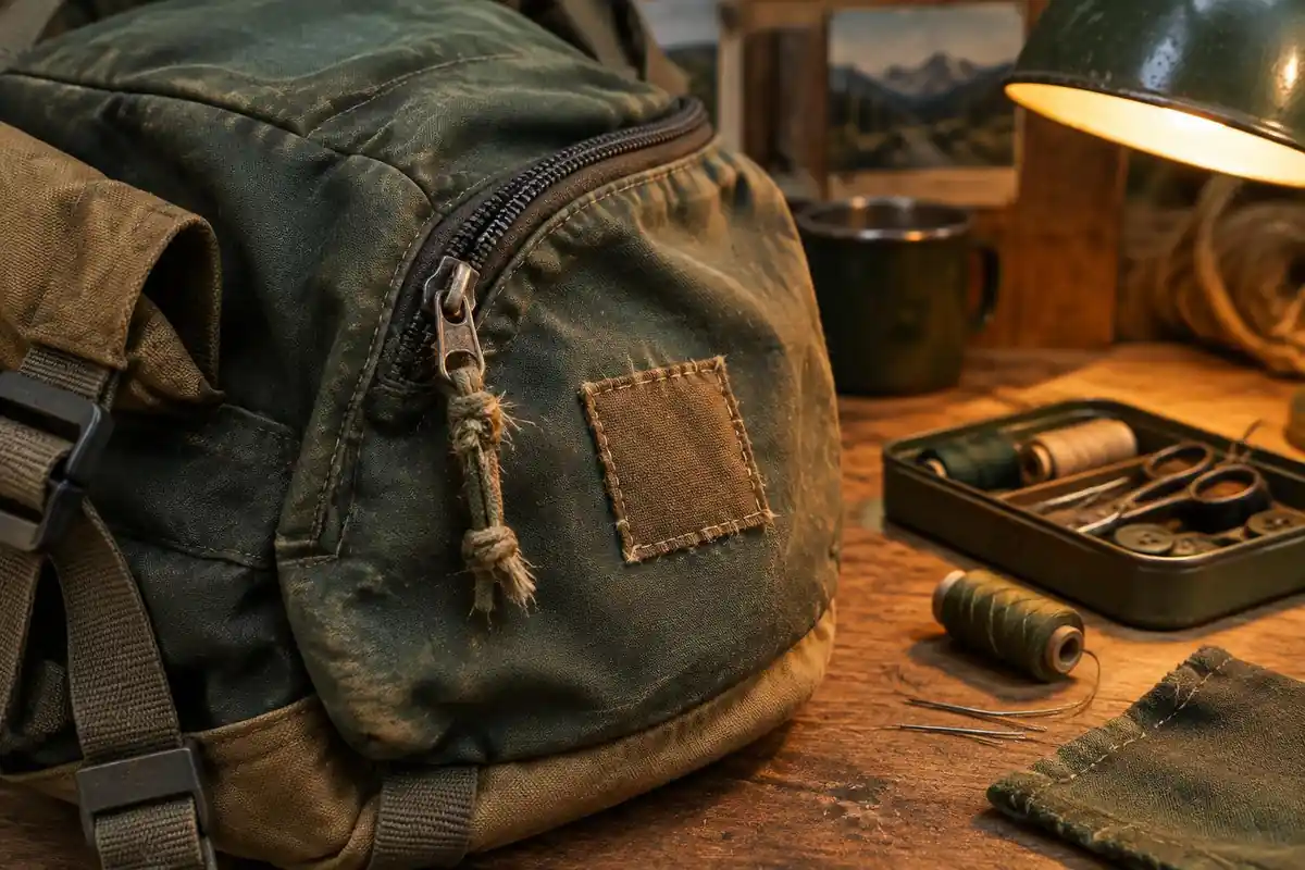 Worn pack showing frayed zipper pull and patched fabric on a workbench