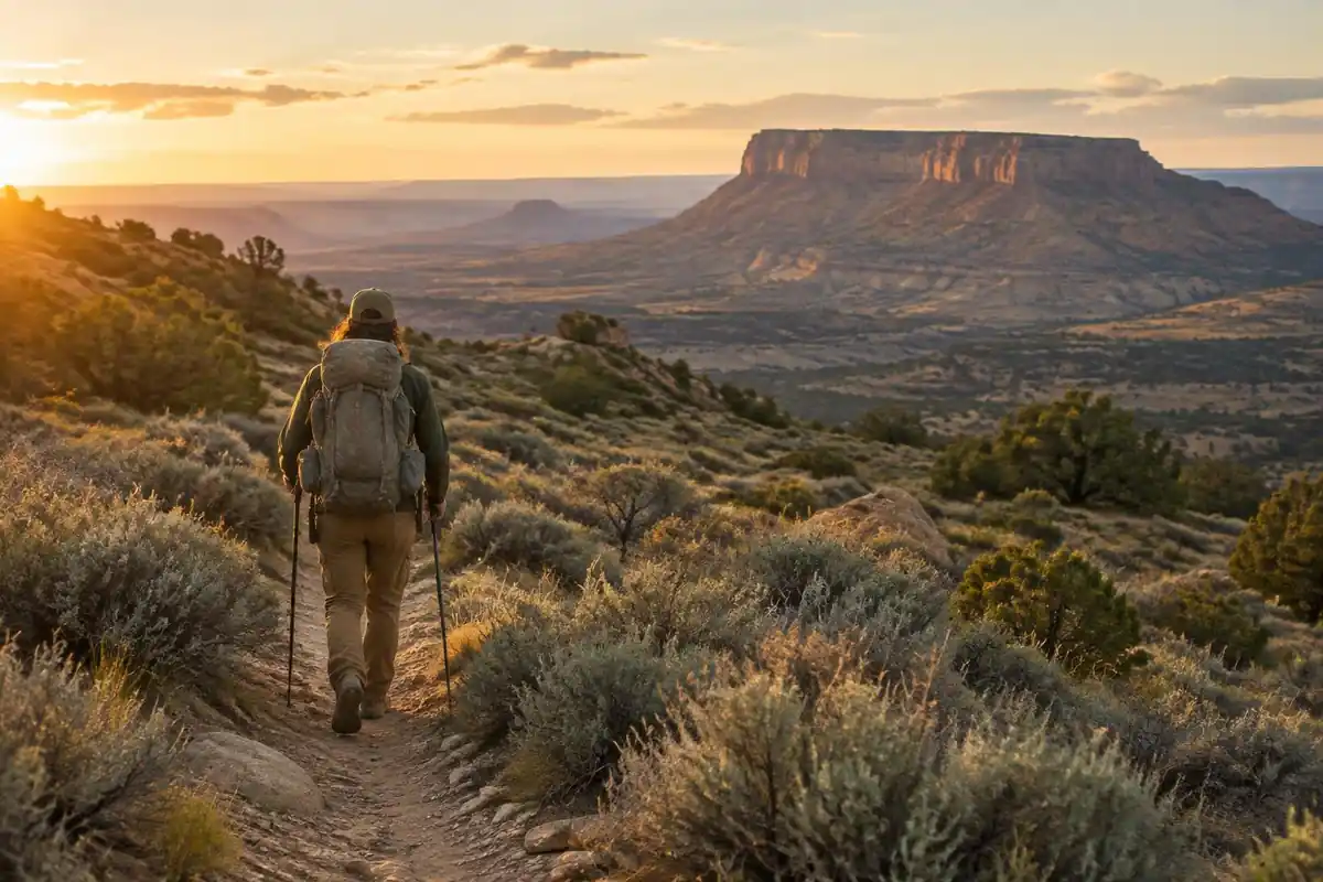 Long-distance hiker with a dusty sun-faded pack on a high desert trail