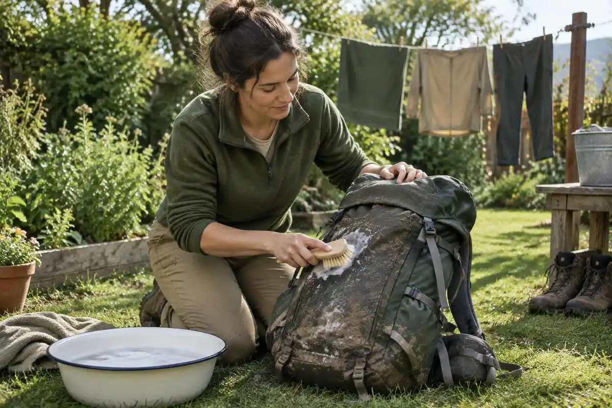 Woman scrubbing dirt from a pack with a soft brush in a garden