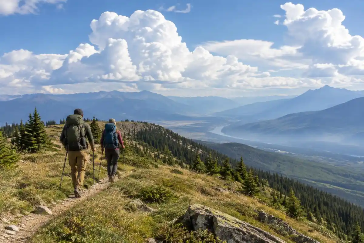 Hikers walking a long ridge trail with mid-large packs for several days out