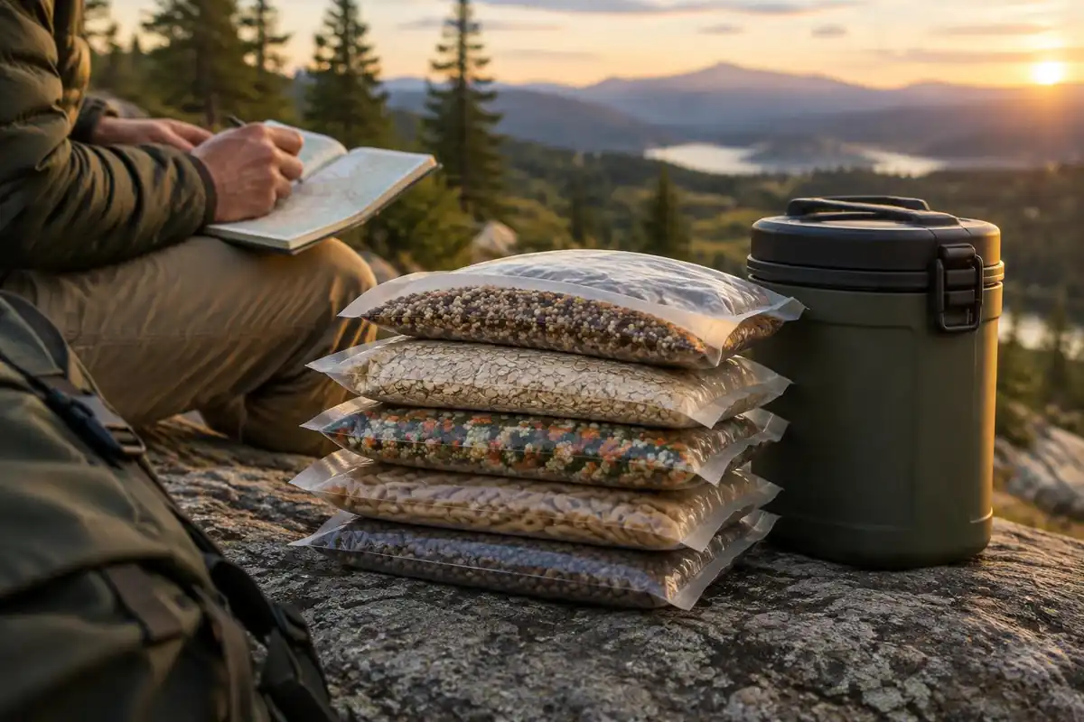 Stack of neatly repackaged meal bags beside a bear-resistant food canister