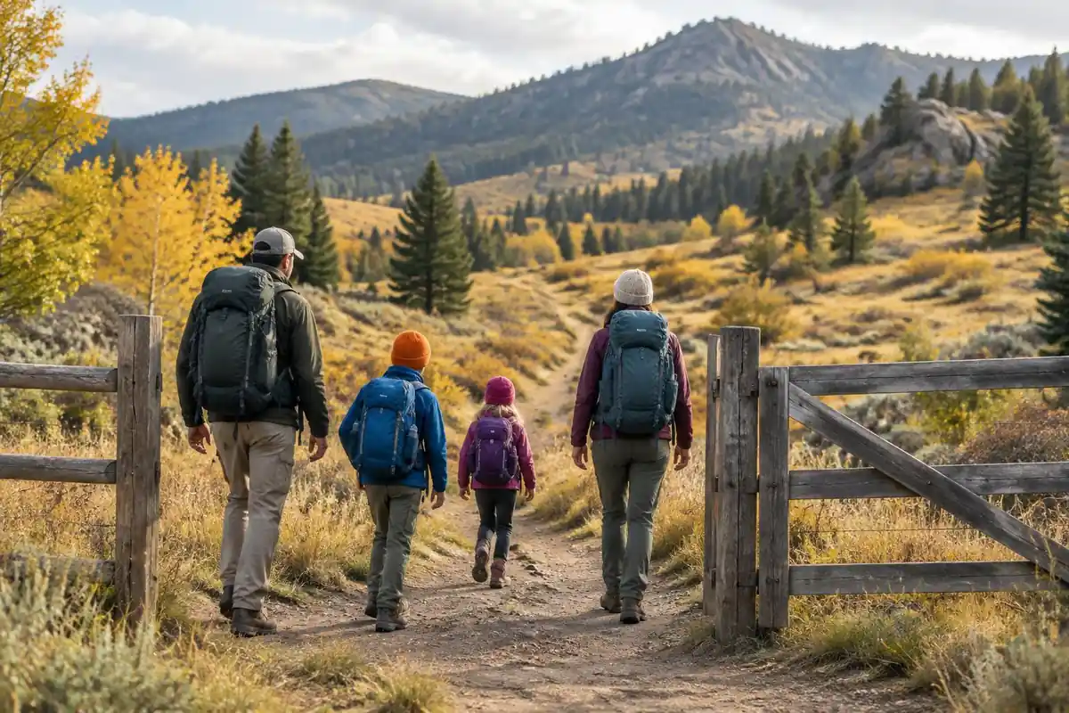 Family with different sized packs at a foothill trailhead