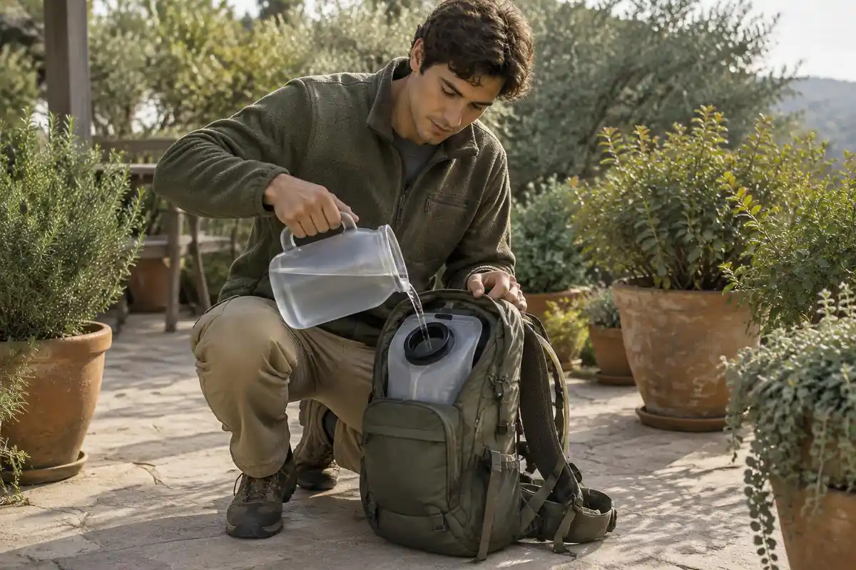 Young man pouring a measured jug of water into an open pack