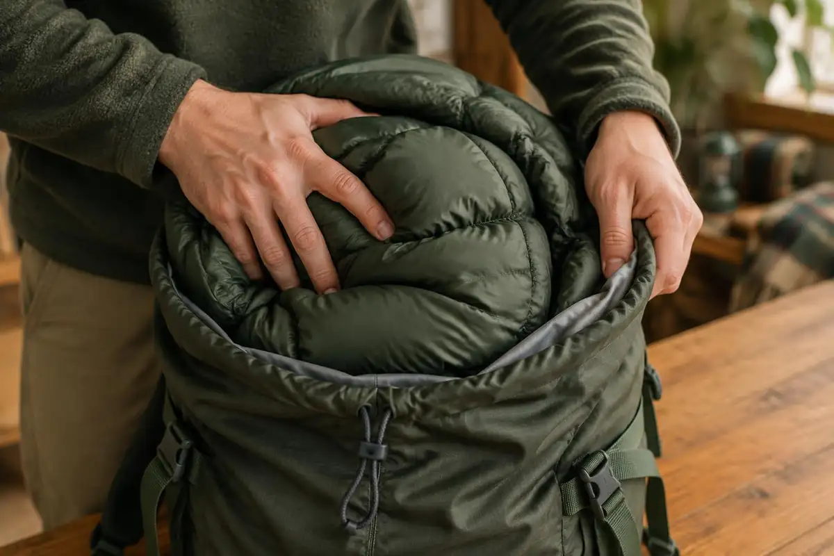 Fingers pressing a puffy jacket into a pack until it just fits