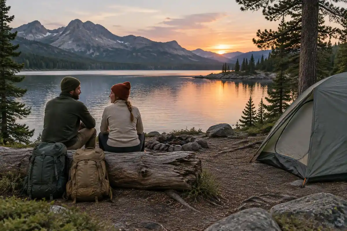 Couple sharing camp chores beside two mid-size packs