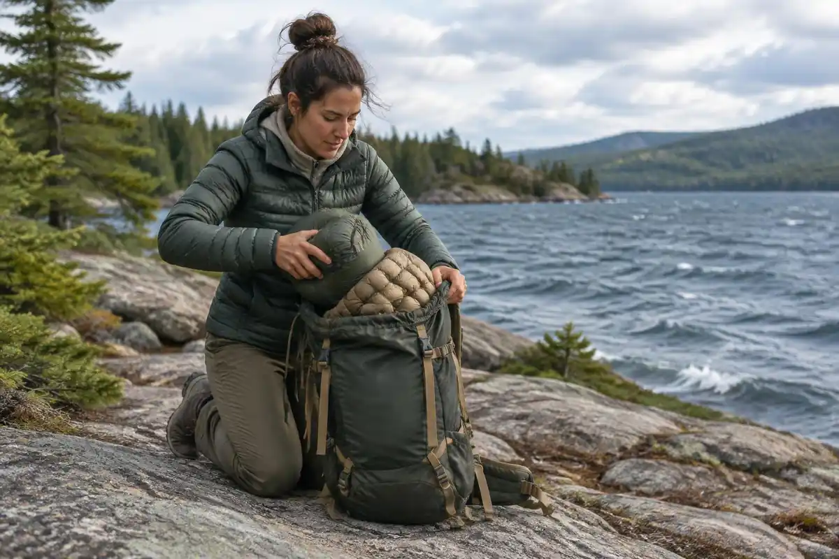 Woman fitting a puffy and a sleeping bag into a pack