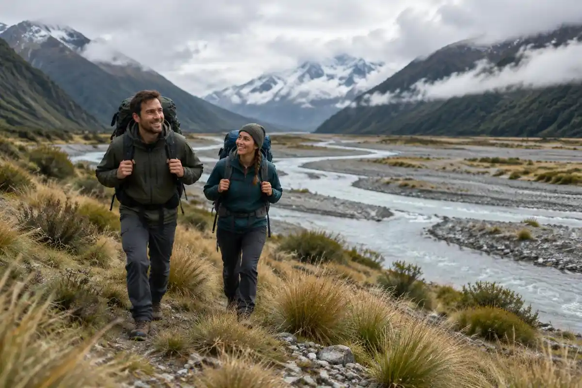 Couple walking a high river valley with mid-large packs
