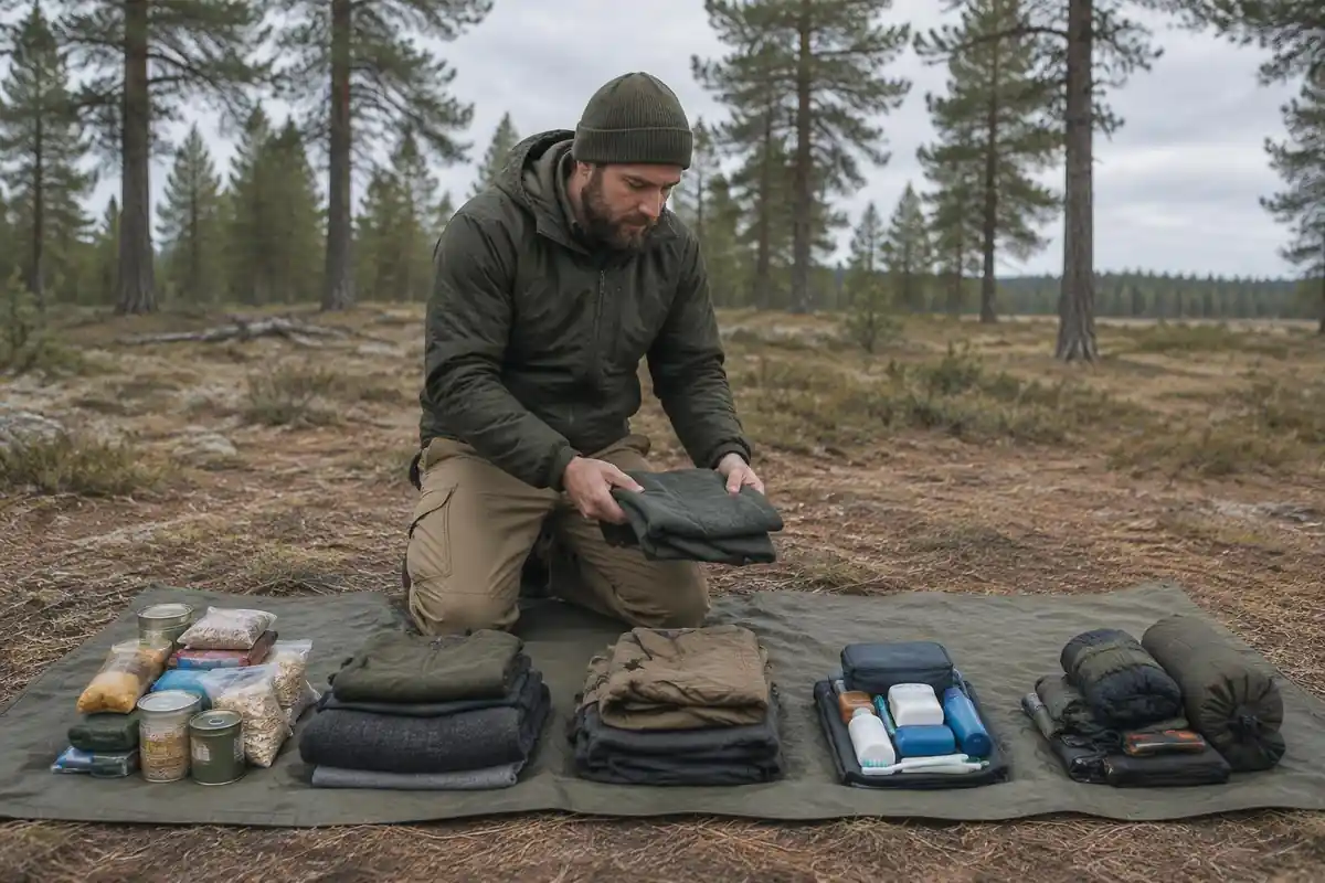 Man arranging five days of food bags on a groundsheet