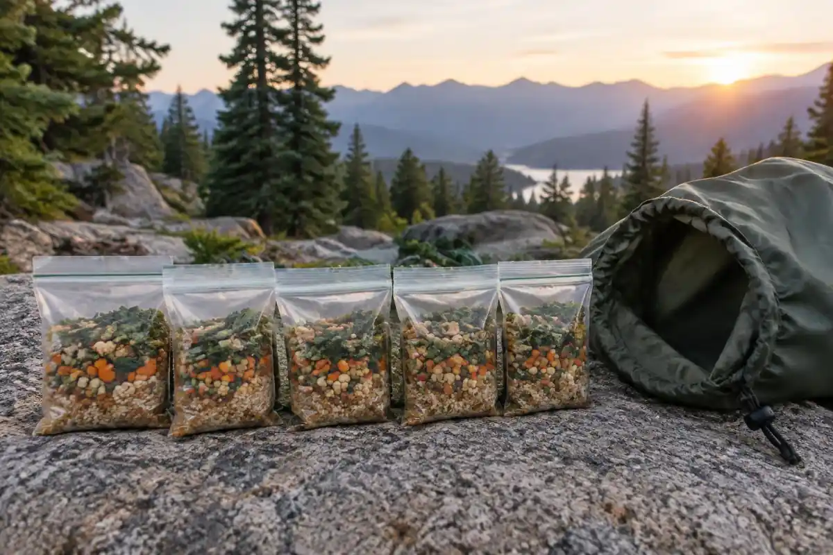 Five small zip bags labelled by simple numbered shapes on a rock