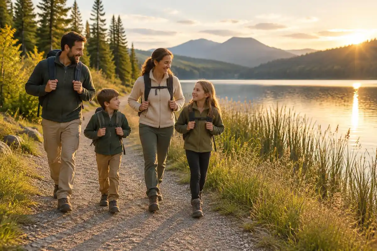 Family on a gentle lakeside trail wearing small daypacks in golden light