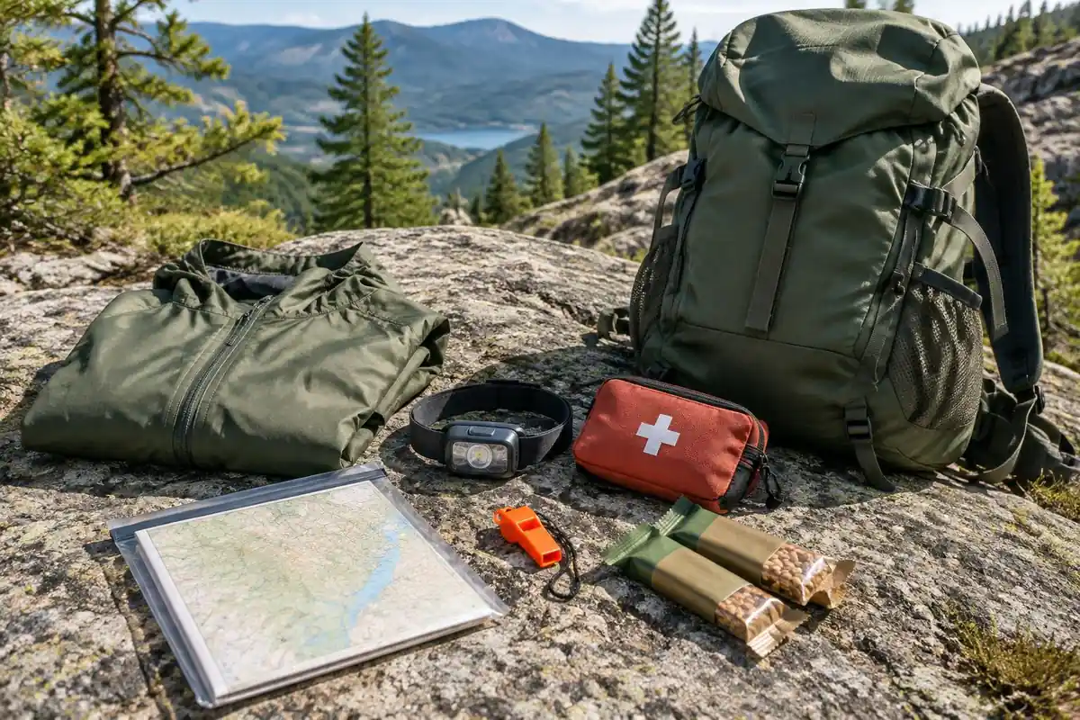 Compact ten-essentials style kit spread on a boulder next to a small daypack