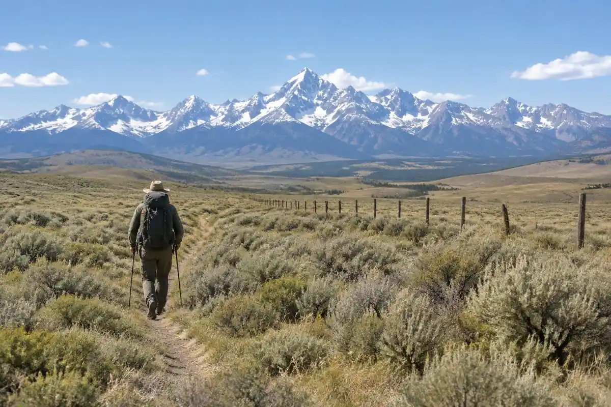 Long-distance hiker crossing a desert plain with a distant fence line