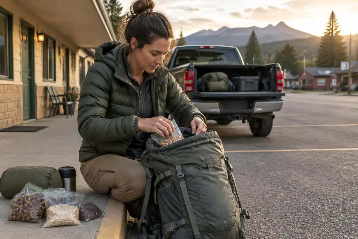 Hiker loading food bags into a pack outside a small town motel