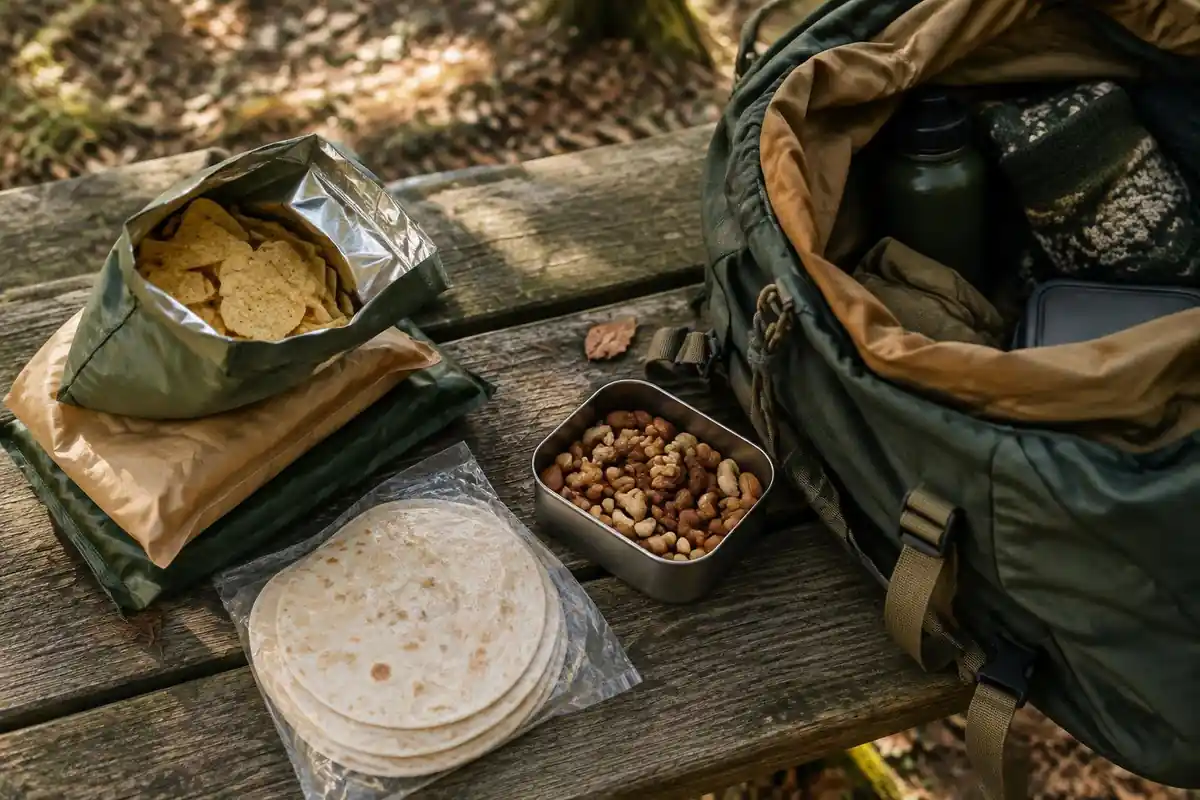 Heaped resupply food bags on a bench beside a roomy pack