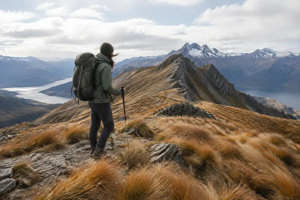 Hiker along a long ridgeline with a big load in cold wind