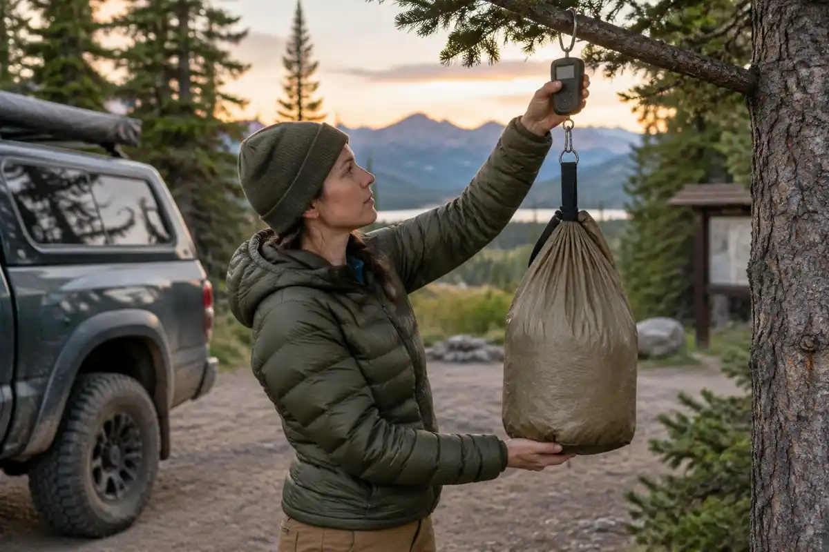 Woman weighing a food bag on a hanging scale from a tree