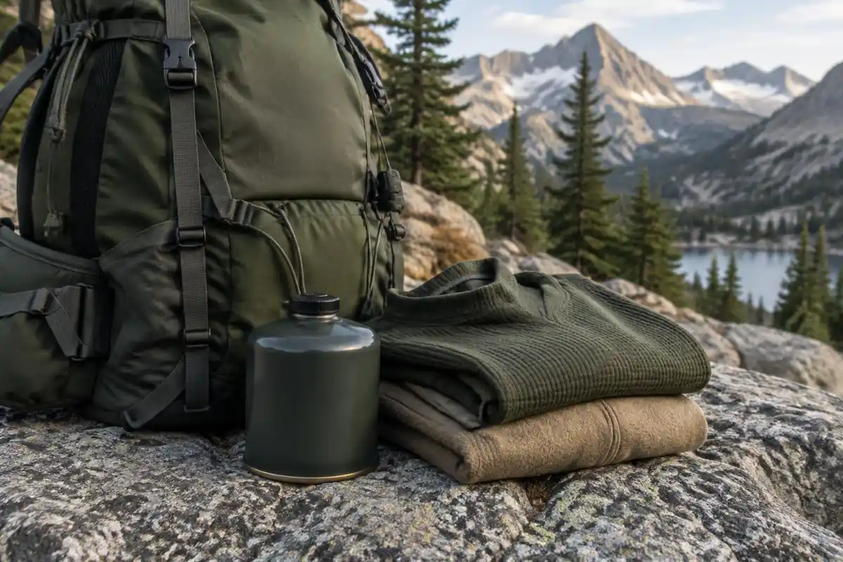 Bear-safe food canister and extra layers beside a big pack