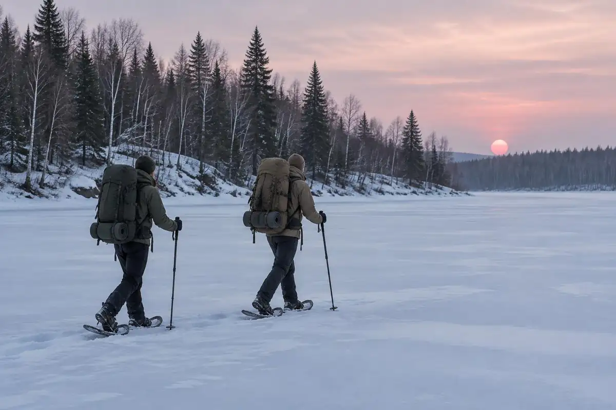 Backpackers skiing across a frozen lake with big packs and a camp beyond