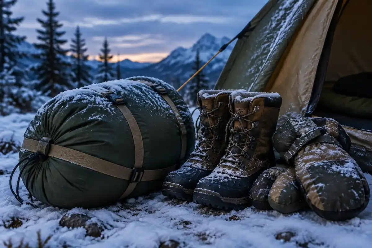 Puffy sleeping bag and thick insulated boots stacked outside a snow tent