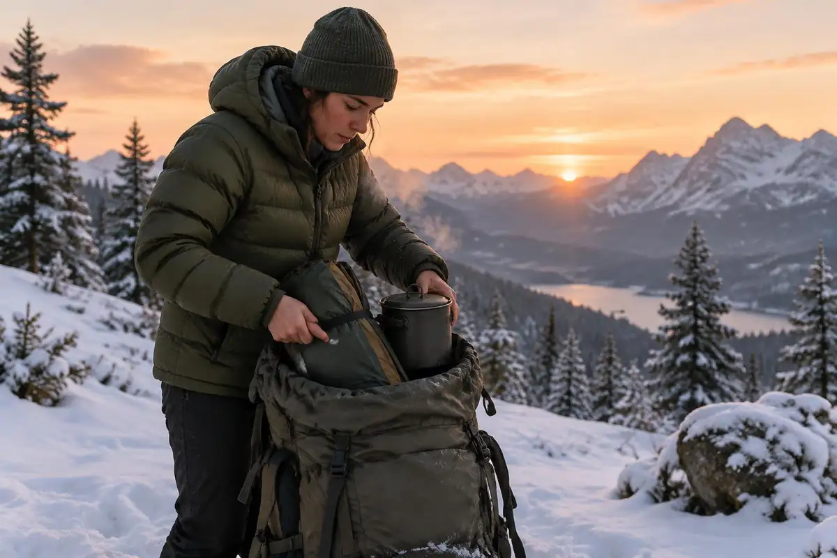 Hiker packing tent and stove into an oversized pack in snow at dawn
