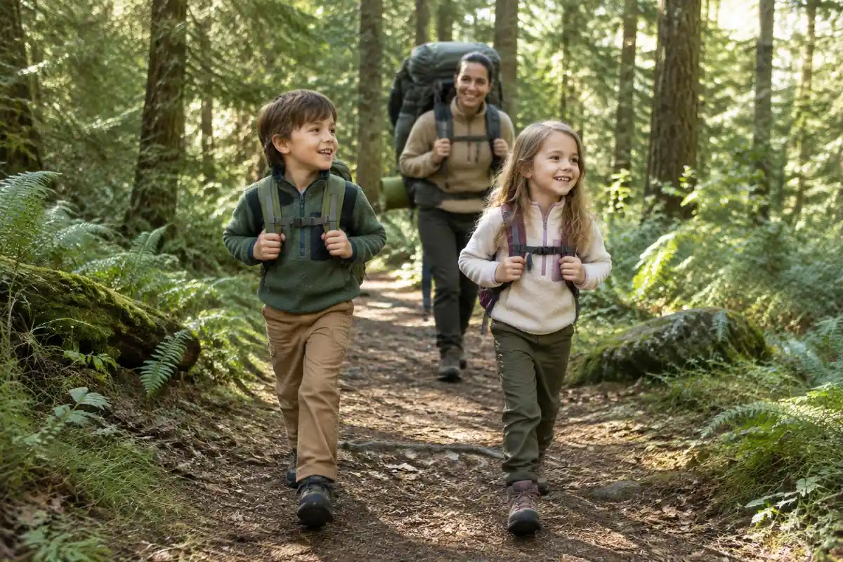 Kids trooping along a leafy path with tiny packs and a parent