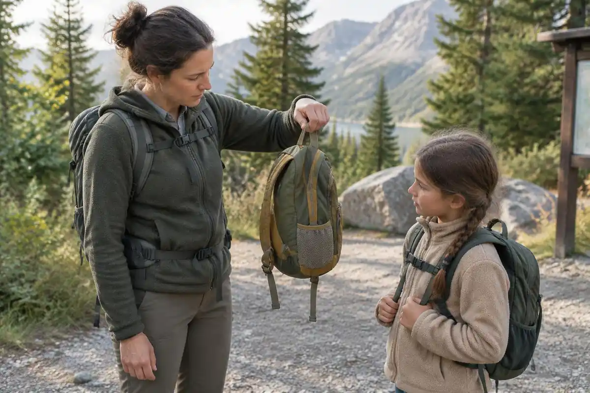 Parent lifting a small child's pack to feel its lightness at the trailhead