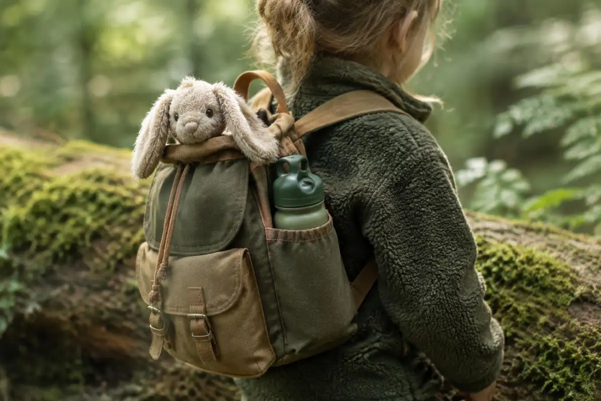 Child's small pack with a water bottle and a stuffed toy peeking out