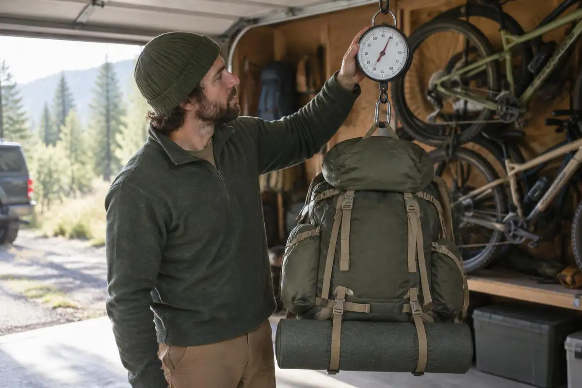 Man lifting a loaded pack from a luggage scale hook