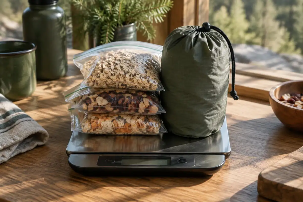 Kitchen scale showing food items next to a stuff sack